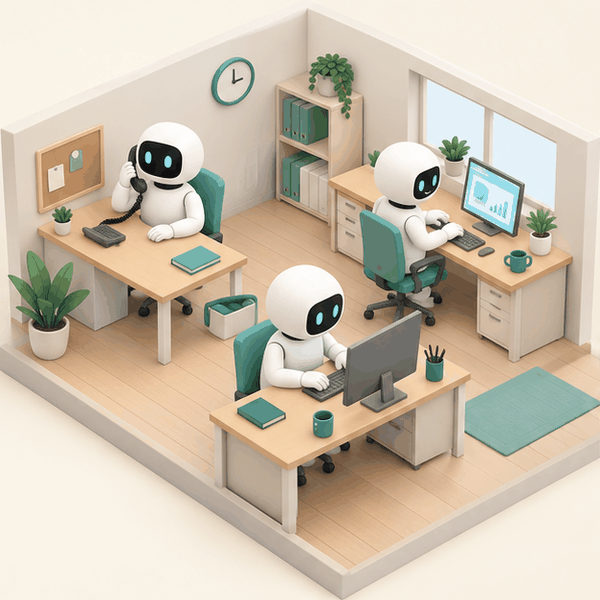 Illustration: three virtual employee robots working at office desks — answering a call, typing and reviewing charts